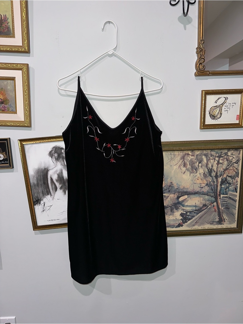 Vintage Velvet Black Dress with Red Floral Embroidery Detail